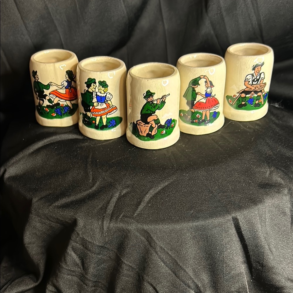 Vintage 1940s German Miniature Mini Mug Stein Shot Glasses 2” Set of 5